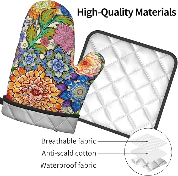 Boho Floral Oven Mitts and Pot Holders Sets of 3, Colorful Flowers Heat Resistant Kitchen Gloves Hot Pads, Chef Baking Gifts for Baker Women Mom Wife, Spring Easter Kitchen Gifts for Cooking Lover - Image 9