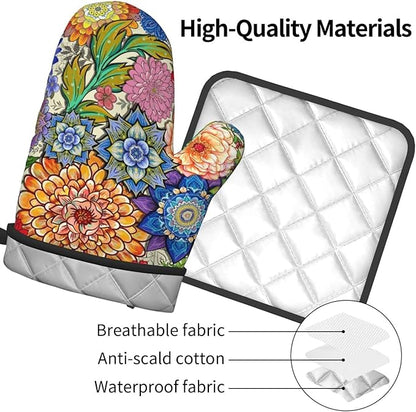 Boho Floral Oven Mitts and Pot Holders Sets of 3, Colorful Flowers Heat Resistant Kitchen Gloves Hot Pads, Chef Baking Gifts for Baker Women Mom Wife, Spring Easter Kitchen Gifts for Cooking Lover - Image 9