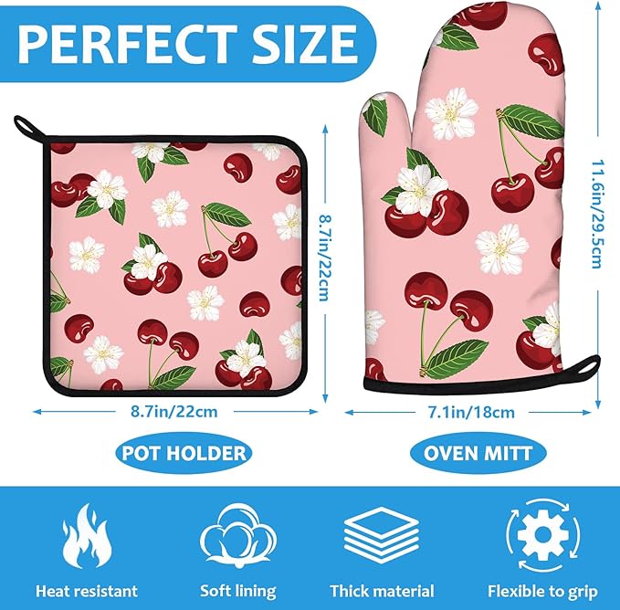 Cherry Oven Mitts and Pot Holders Sets Heat Resistant 4Pcs White Flower Potholders Oven Gloves Hot Pads for Kitchen Baking Cooking Grilling BBQ