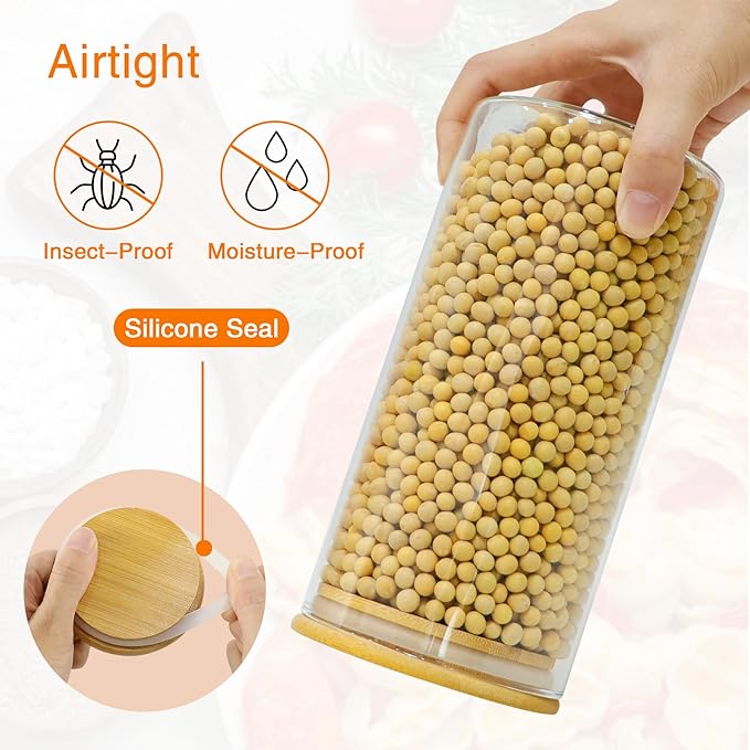 BGraceyy Glass Storage Jars 45 oz 4 Pcs Clear Glass Food Storage Containers with Airtight Bamboo Lid Stackable Kitchen Canisters for Candy, Cookie, Rice, Sugar, Flour, Pasta, Nuts - Image 4