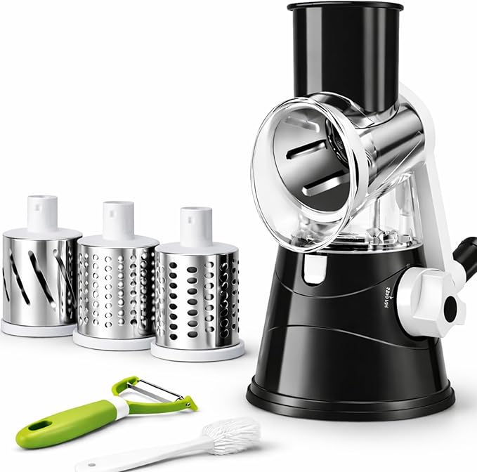 Manual Rotary Cheese Grater for Kitchen, Vegetable Slicer, 3-in-1 Hand Crank Food Shredder for Cheese, Vegetables & Nuts, Stainless Steel Blades, Strong Suction Base, BPA-Free by Unknown