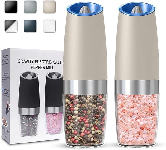 UNNEES Gravity Electric Salt and Pepper Grinder set of 2, Automatic Salt And Pepper Grinder Set, Adjustable Roughness, Battery Powered, LED Light, 2 Pack, (Khaki) by UNNEES