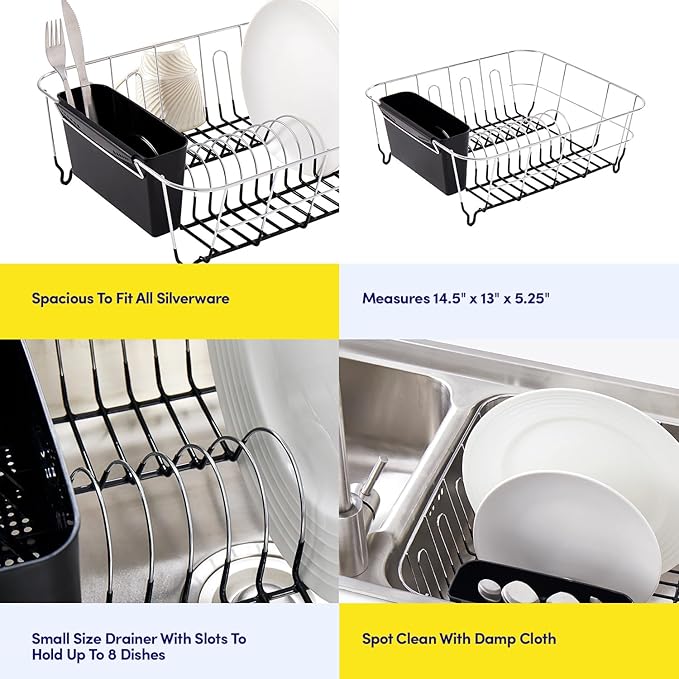 Sweet Home Collection 2 Piece Dish Drying Rack Set Drainer with Utensil Holder Simple Easy to Use Fits in Most Sinks, 14.5" x 13" x 5.25", Black - Image 6