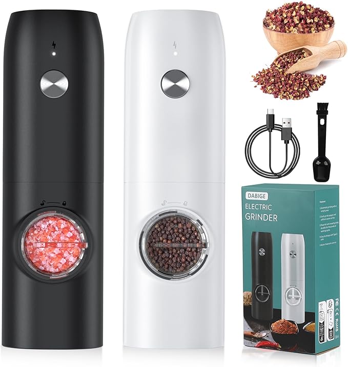 Electric Salt and Pepper Grinder Set (2 Pack), USB Rechargeable One Hand Operation, Adjustable Coarseness Mill Grinders Shakers LED Light, Automatic Pepper Grinder for Kitchen Gadgets Gifts by DABIGE