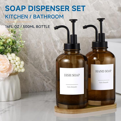 Glass Soap Dispenser with Pump, Dish and Hand Soap Dispenser for Kitchen Bathroom Set, Clear Glass Dispenser Set of 2 Pack with 18 Stickers Funnel Bamboo Tray 500ml 18oz Amber - Image 4