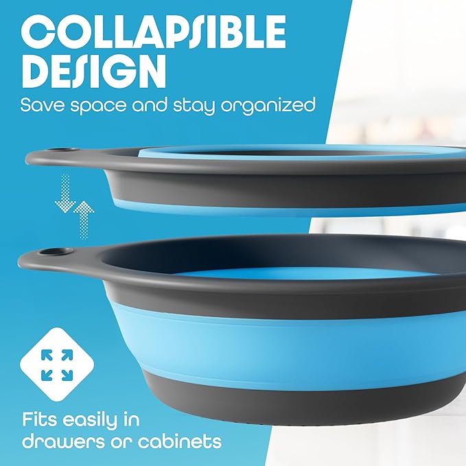 Gevoli Strainer with Self-Draining Base (5QT) Over-Sink Collapsible Kitchen Colander Set with Side-drain Base for Pasta Vegetables and Fruit, XL Large Capacity, Dishwasher Safe (5-Quart) Blue/Gray - Image 2