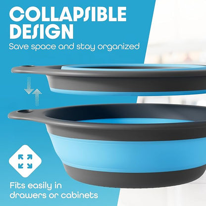 Gevoli Strainer with Self-Draining Base (5QT) Over-Sink Collapsible Kitchen Colander Set with Side-drain Base for Pasta Vegetables and Fruit, XL Large Capacity, Dishwasher Safe (5-Quart) Blue/Gray - Image 2