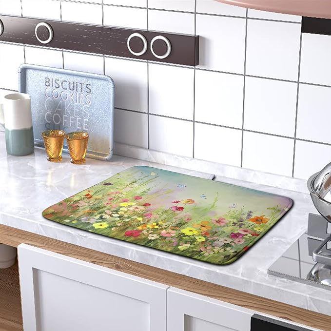 Spring Floral Dish Drying Mat for Kitchen Counter 16x18 Inch Sage Green Wild Flowers Drying Mats Spring Summer Plant Microfiber Absorbent Dish Rack Pad for Coffee Bar Sinks Home Accessories - Image 5