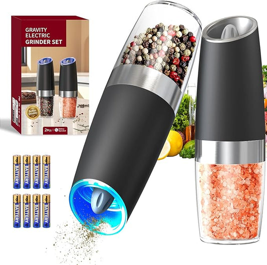 CIRCLE JOY Gravity Electric Salt and Pepper Grinder Set Automatic Salt and Pepper Grinder Set with LED Light, Battery Operated, Adjustable Coarseness, Large Capacity, for Home Kitchen BBQ, Black by CIRCLEJOY