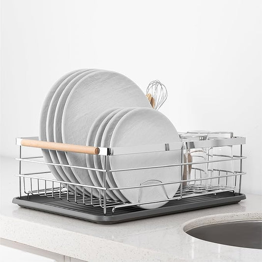 Navaris Dish Rack - Compact Drying Kitchen Board with Drip Tray & Cutlery Holder - Easy to Assemble and Clean Dishes - Sink Drainer Rack - Silver with Wooden Handles by Navaris