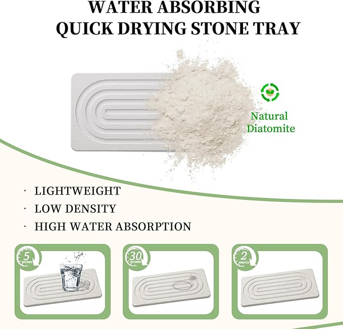 2 PCS Water Absorbing Diatomite Coasters, Stone Drying Mat for Kitchen Counter, Quick Dry Stone Mat Trays for Bathroom Kitchen Counter, Soap Dish Tray Used for Hand Soaps (White, 8.3" x 4") - Image 4