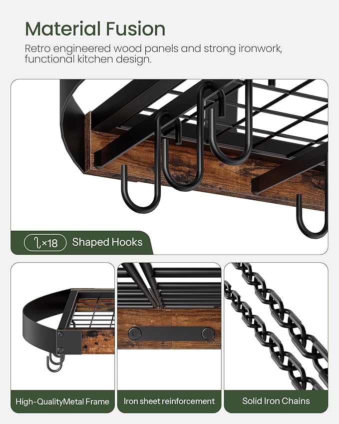 CHOEZON Hanging Pot Rack, Pot Hanger for Kitchen, Ceiling Mounted Pot Holder, Cookware Organizer with 18 S-Shaped Hooks, for Pot, Pan Storage, Space-Saving, Rustic Brown and Black TPR18BF - Image 6