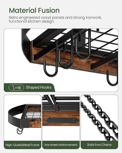 CHOEZON Hanging Pot Rack, Pot Hanger for Kitchen, Ceiling Mounted Pot Holder, Cookware Organizer with 18 S-Shaped Hooks, for Pot, Pan Storage, Space-Saving, Rustic Brown and Black TPR18BF - Image 6