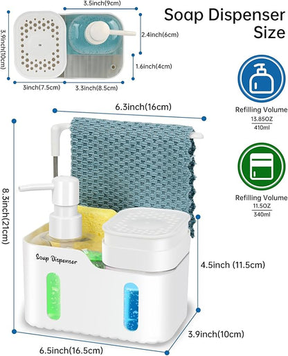 Hand Soap and Dish Soap Dispenser Set for Kitchen, Dual Soap Dispenser with Sponge Holder and Dishcloth Holder 4-in-1 Organizer for Kitchen Sink Countertop, Useful Kitchen Gadgets (White) - Image 7