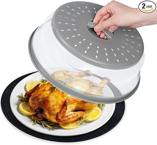 12" Microwave Splatter Cover & Mat, Large Vented Collapsible Splatter Guard Dish Plate Lid & Silicone Round Kitchen Mat for Food by WENWELLHOME