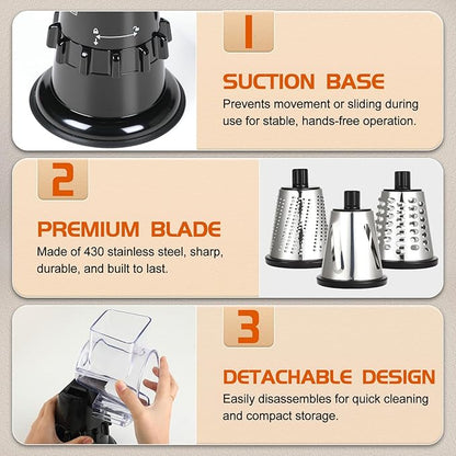 Rotary Cheese Grater Hand Crank, Vegetable Slicer with 3 Blades, Stable Suction, Labor-Saving Handle, Cheese Shredder for Potato Vegetables Nuts Chocolate, Black