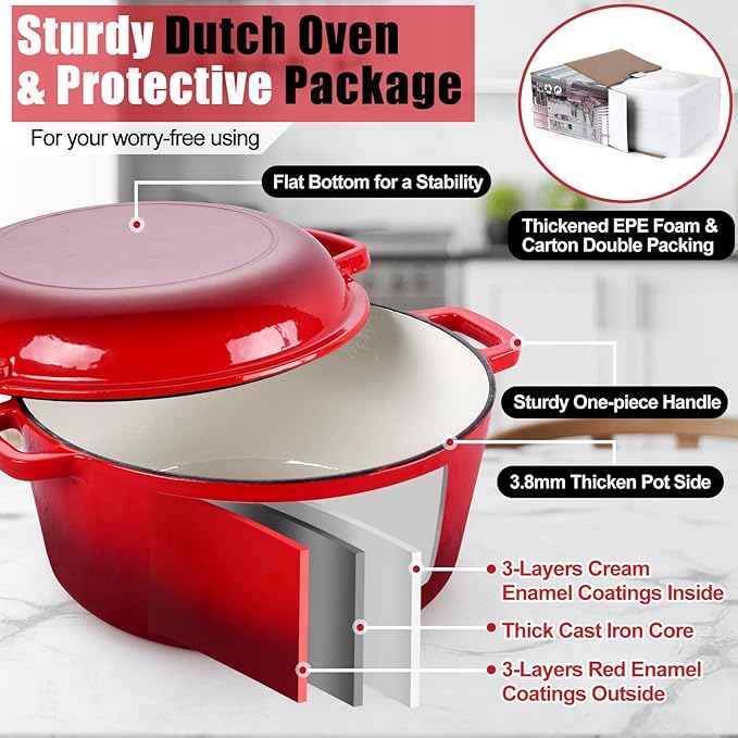 P&P CHEF 5Qt Dutch Oven Pot for Bread Baking (Red), 2 In 1 Round Cast Iron Dutch Oven with Lid Set, Skillet & Pot for Roasting Braising Stewing Frying Simmering, Multi Stoves & Oven Safe - Image 4
