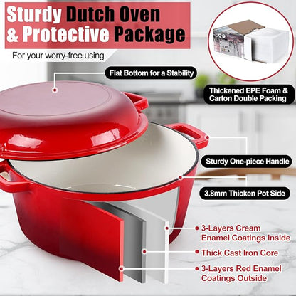 P&P CHEF 5Qt Dutch Oven Pot for Bread Baking (Red), 2 In 1 Round Cast Iron Dutch Oven with Lid Set, Skillet & Pot for Roasting Braising Stewing Frying Simmering, Multi Stoves & Oven Safe - Image 4
