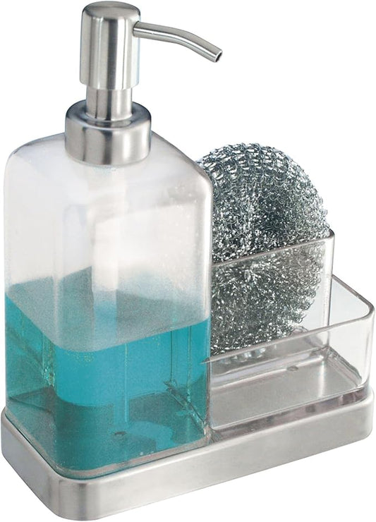 iDesign 67080 Forma Plastic Soap Pump with Caddy, Dispenser with Storage Compartment for Bathroom, Kitchen Countertops, Sinks, Set of 1, Stainless by iDesign