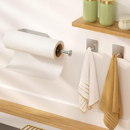 2 Pack Paper Towel Holder Under Cabinet + 2 Towel Robe Hook, Single Hand Operable Under Cabinet Paper Towel Holder, Adhesive Wall Mount Paper Roll Holder for Bathroom Kitchen(Silver) - Image 2