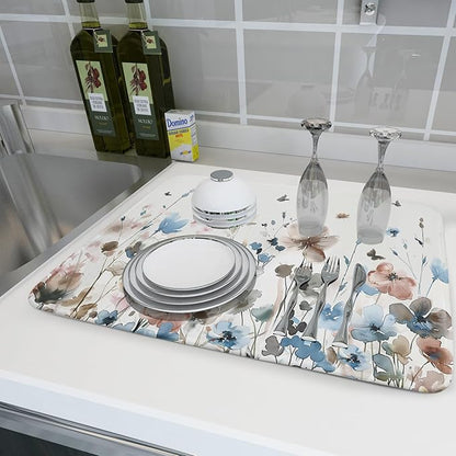 Giwawa Watercolor Floral Dish Drying Mat, 18"x24" Blue Grey Brown Flowers Kitchen Drainer Mats, Spring Summer Wildflower Microfiber Large Dish Drying Pad for Countertop Tabletop Decoration