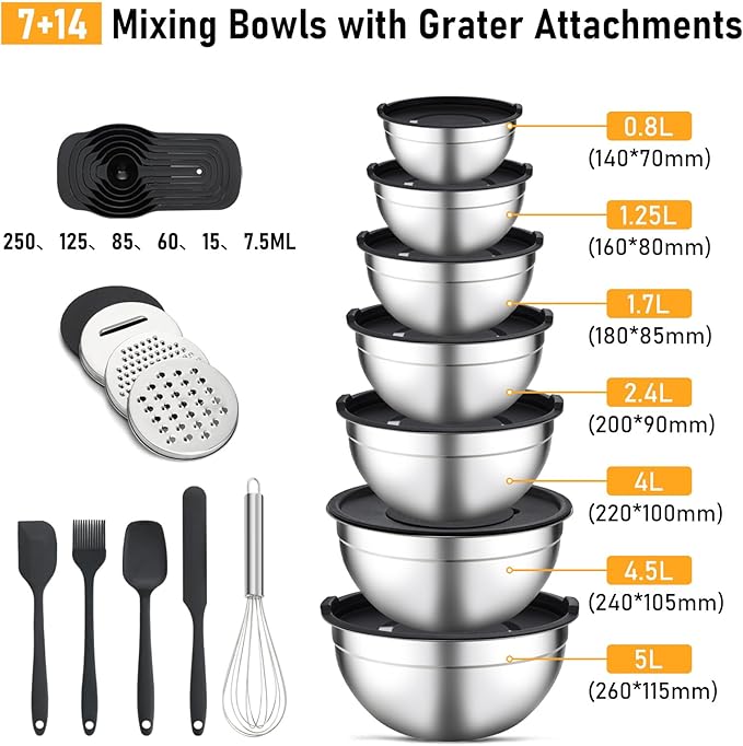 Unokit Mixing Bowls with Lids Set - 16 Pcs Stainless Steel Nesting Mixing Bowls with Grater Attachments, Mixing Bowl Set for Multi Mixing & Serving - Image 2