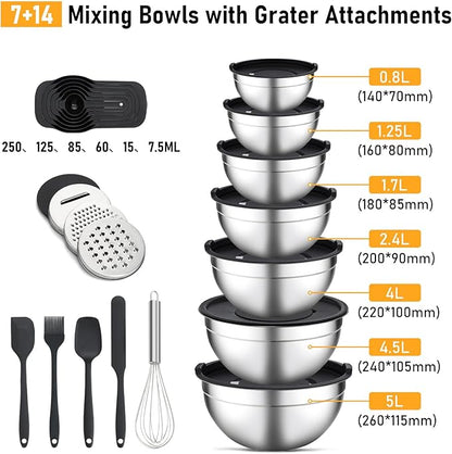Unokit Mixing Bowls with Lids Set - 16 Pcs Stainless Steel Nesting Mixing Bowls with Grater Attachments, Mixing Bowl Set for Multi Mixing & Serving - Image 2