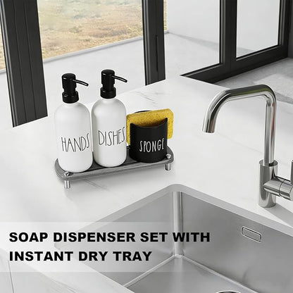 Kitchen Soap Dispenser Set,16.9 fl oz Hand and Dish Soap Dispensers with Tray, Kitchen Soap Dispenser Set with Sponge Holder, Instant Dry Tray,Kitchen Decor(White&Black)