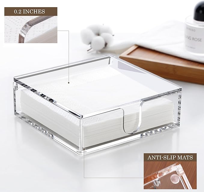 DINGHUO Acrylic Napkin Holder, 7"x 7"x 2.4" Flat Luncheon Napkin Dispenser with Lid, Clear Flip-top Waterproof Paper Napkin Container Organizer for Table, Kitchen, Indoor & Outdoor, Bathroom Vanity