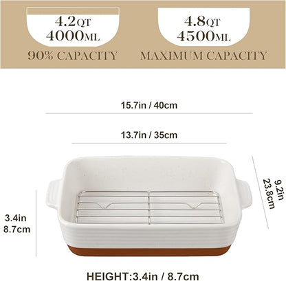 MALACASA Baking Dish with Rack, 4.8 Qt Ceramic Roasting Pan with Stainless Steel Drip Rack, 9x13 Inch Deep Casserole Dish with Handles, Oven Safe Lasagna Pan for Baking & Serving (Khaki & White) - Series Tara - Image 2