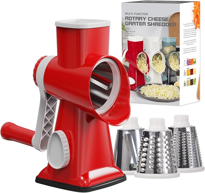 Cheese Grater Cheese Shredder with 3 Interchangeable Blades, Rotary Cheese Grater Manual Vegetable Slicer with Non-slip Suction Base Peanut Nuts Grinder Vegetable Shredder Red by GORCI