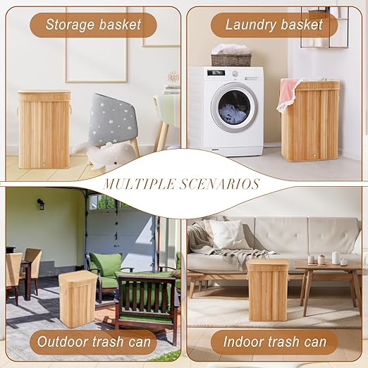 2 Pack 21 Gallon Bamboo Slim Trash Can with Lid Large Foldable Slim Rectangular Garbage Can Laundry Basket Bamboo Waste Basket for Bathroom Bedroom Office Home Salon Spa (Wooden Color)