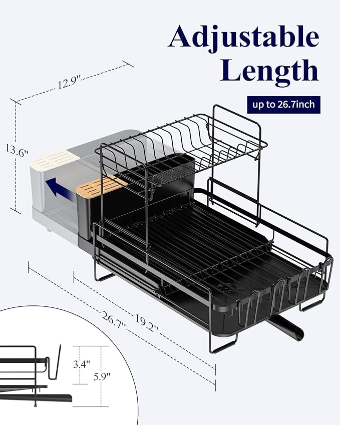 Kitsure Large Dish Drying Rack - Extendable Dish Rack, Multifunctional Dish Rack for Kitchen Counter, Anti-Rust Dish Drainers with Cutlery & Cup Holders 19.2"-26.7" L x 12.9" W x 13.6" H, Black - Image 2