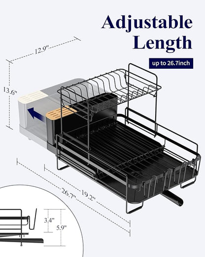 Kitsure Large Dish Drying Rack - Extendable Dish Rack, Multifunctional Dish Rack for Kitchen Counter, Anti-Rust Dish Drainers with Cutlery & Cup Holders 19.2"-26.7" L x 12.9" W x 13.6" H, Black - Image 2
