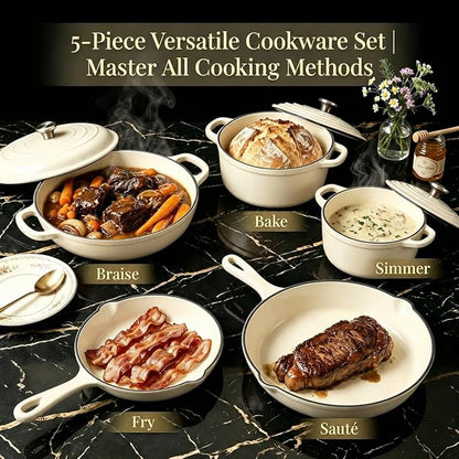 Nonstick Enameled Cast Iron Cookware Set - 8 Piece Pots and Pans with Lid, Frying Pan, Skillet, Dutch Oven Set for All Stovetops, Ideal for Sourdough Bread Baking, Comes with Organizer, Cream White