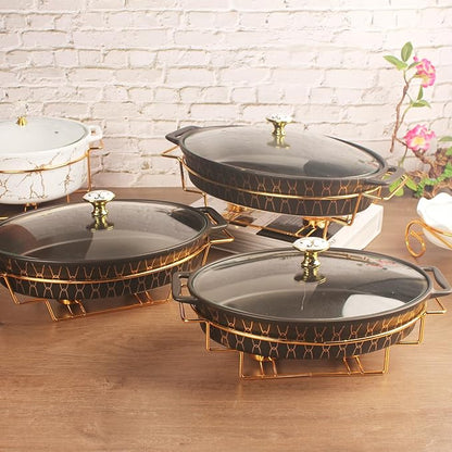 10" x 7" Ceramic Oval Casserole Dish with Glass Lid and Gold rack, 30 Ounce Serving Soup Tureen,Chafing Dish for Buffet, Family Food preserve Tray, Catering Casserole for Party Style, Black