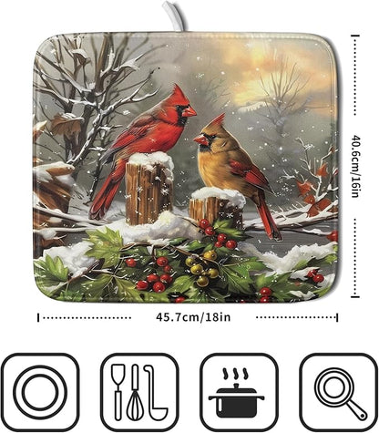Winter Dish Drying Mat for Kitchen Counter 16x18 Inch Red Birds Cardinal Tree Christmas Theme Print Absorbent Reversible Microfiber Drying Mats Kitchen Countertop Protector Dishes Drainer Rack Pad - Image 2