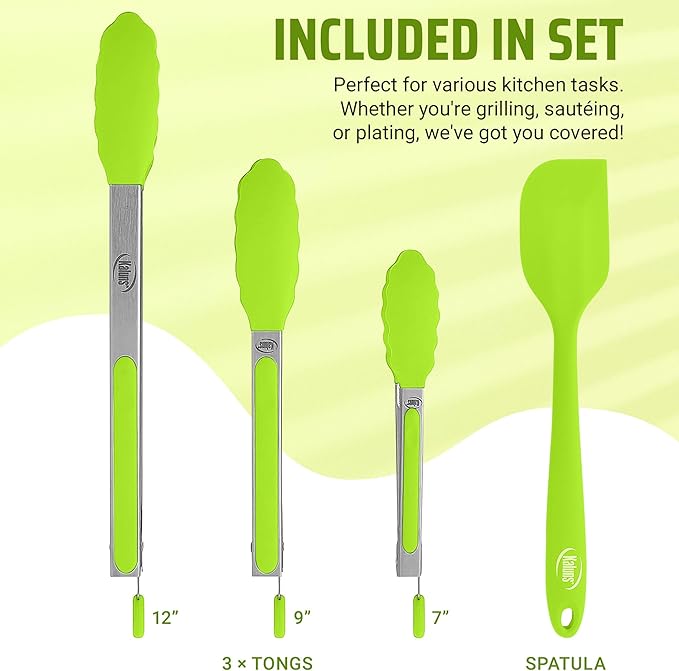 Kaluns Kitchen Tongs for Cooking Grilling Set of 4, BBQ Grill Tongs With Silicone Tip Stainless Steel Heat Resistant, Non-stick Pull Lock, Incl 7, 9, 12 Inch Tong Plus a Silicone Spatula - Image 2