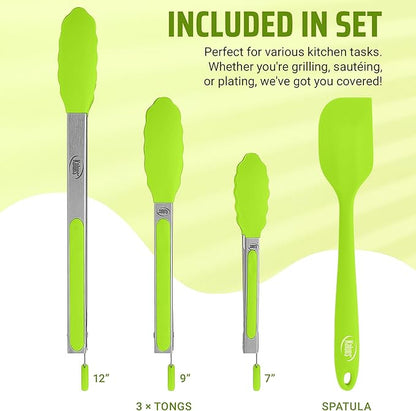 Kaluns Kitchen Tongs for Cooking Grilling Set of 4, BBQ Grill Tongs With Silicone Tip Stainless Steel Heat Resistant, Non-stick Pull Lock, Incl 7, 9, 12 Inch Tong Plus a Silicone Spatula - Image 2