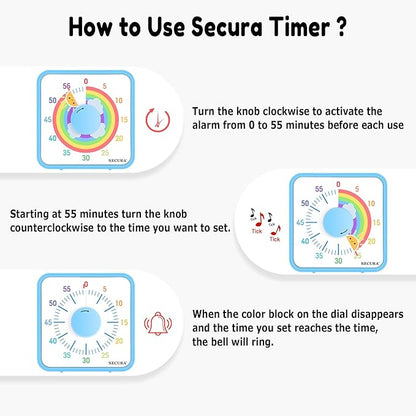 Secura 60-Minute Visual Timer, 7.5 Inch Magnetic Rainbow Countdown Timer for Classroom or Kitchen, Durable Mechanical Timer Clock with Magnetic Backing (Blue & Sun)