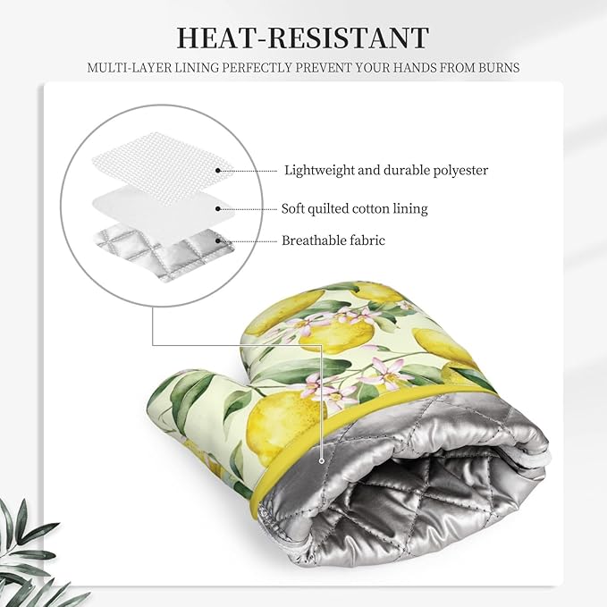 Lemon Silicone Oven Mitts Pan Mats Set of 2, Heat Resistant Gloves Potholder with Non-Slip Grips Hanging Loops Pot Holder, Spring Summer for Chef Cooking, Baking, Grilling, BBQ