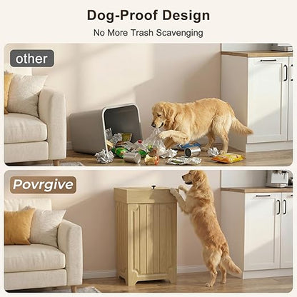 Povrgive Wood Trash Can Cabinet, 13 Gallon Hidden Kitchen Garbage Can with Lid, Farmhouse Dog Proof Trash Can, Metal Ring Included, 16" L x 13" W x 26.5" H, Wood - Image 3