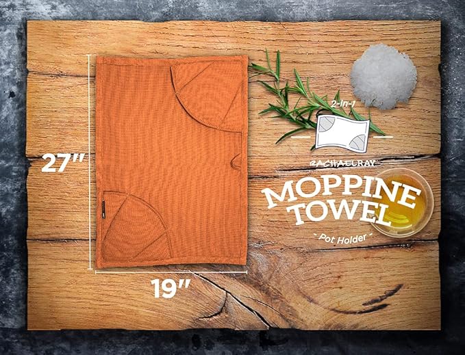 Rachael Ray Kitchen Towel, Oven Glove Moppine - 2-in-1 Ultra Absorbent Kitchen Towels with Heat Resistant Padded Pockets Like Pot Holders and Oven Mitts to Handle Hot Cookware - Burnt Orange, 2 Pack
