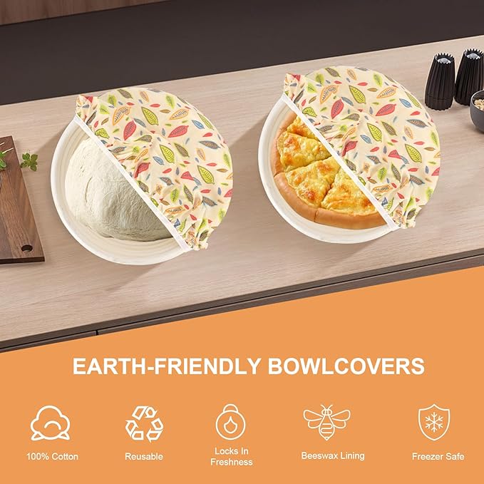Reusable Bowl Covers for Bread Proofing（2 Large）- Cotton Beeswax Bowl Covers Reusable with Elastic Rim, Sourdough Bowl Cover for Food Storage and Food Preservation (10INCH) (leaves)