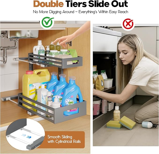 1-Pack Under Sink Organizers and Storage,2-Tier L Shape Pull Out Cabinet Organizer With Round Tube Slide Rails,Hight Adjustable Slide Out Drawers for Kitchen&Bathroom,Multi-Purpose Storage Shelf-Gray - Image 3