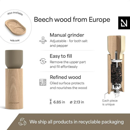 LARS NYSØM Wooden Salt and Pepper Grinder Set Manual - Salt and Pepper Mills with Adjustable Ceramic Grinder - Elegant Beechwood Pepper and Salt Mill Set for Dining Table (Brown/Beige)
