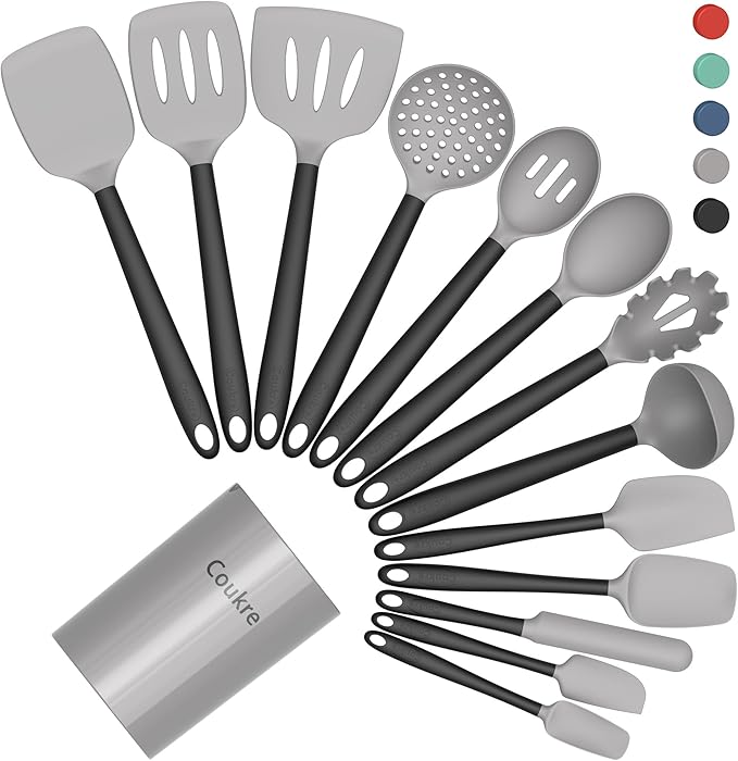 Coukre Silicone Kitchen Cooking Utensils Set with Holder – Heat-Resistant, Food-Grade Kitchen Tools, Spatula, Spoon & Gadgets for Non-Stick Pans, Dishwasher Safe (14, Gray) by Coukre