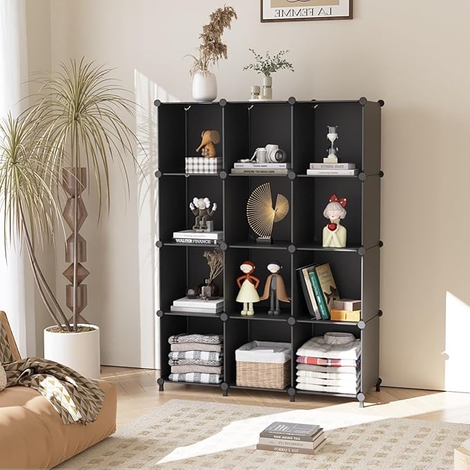 AWTATOS Cube Storage Organizer Closet Storage Shelves DIY Stackable Plastic Storage 12 Cube Bookshelf, Ideal Storage Organizer for Closet, Home, Bedroom, Black - Image 2