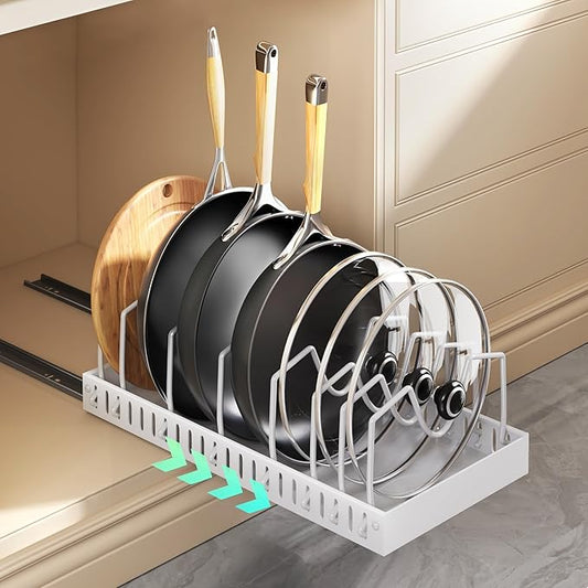 Lozovin Pull Out Pots and Pans Organizer Under Cabinet, Sliding Lid Holder and Pan Rack in Kitchen, Slide Out inside Cabinet Storage for Pot Lid, Bakeware, Dishes, 8 Adjustable Dividers, 1 Pack White by Lozovincablemanagementtray