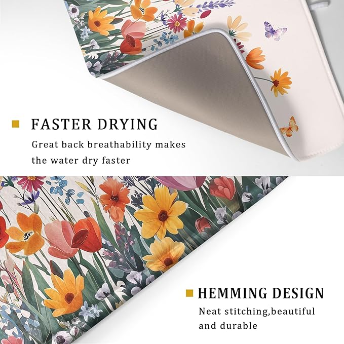 Kawani Spring Summer Flowers Dish Drying Mat for Kitchen Counter 16"x18" Colorful Floral Drying Mat Soft Absorbent Microfiber Farmhouse Fluttering Butterfly Dish Drainer Rack Mats for Counter tops